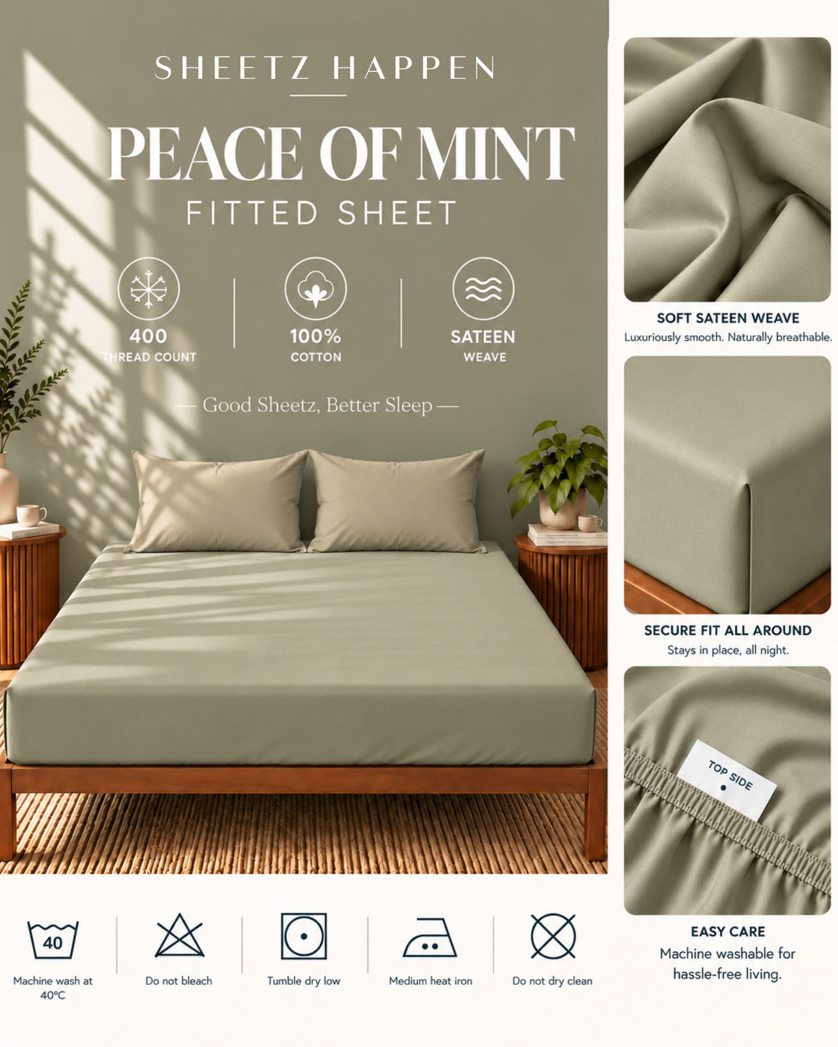 Fitted Sheet - 400TC Cotton Sateen - Peace of mint