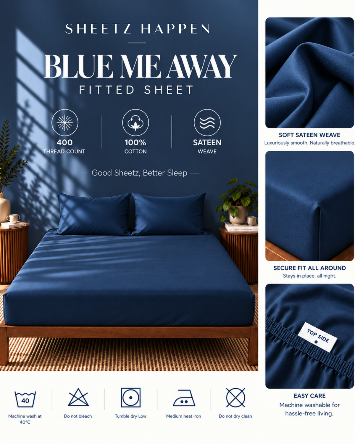 Fitted Sheet - 400TC Cotton Sateen - Blue me away