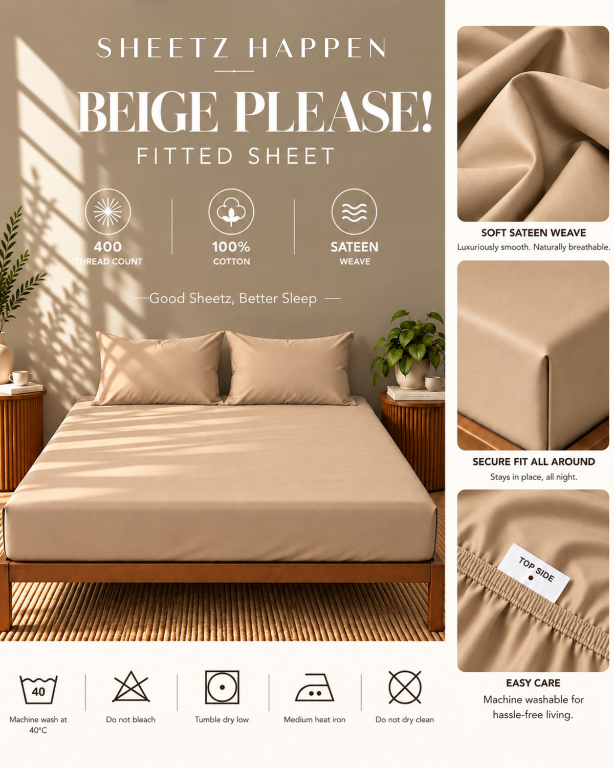 Hoeslaken - 400TC katoensatijn - Beige please!