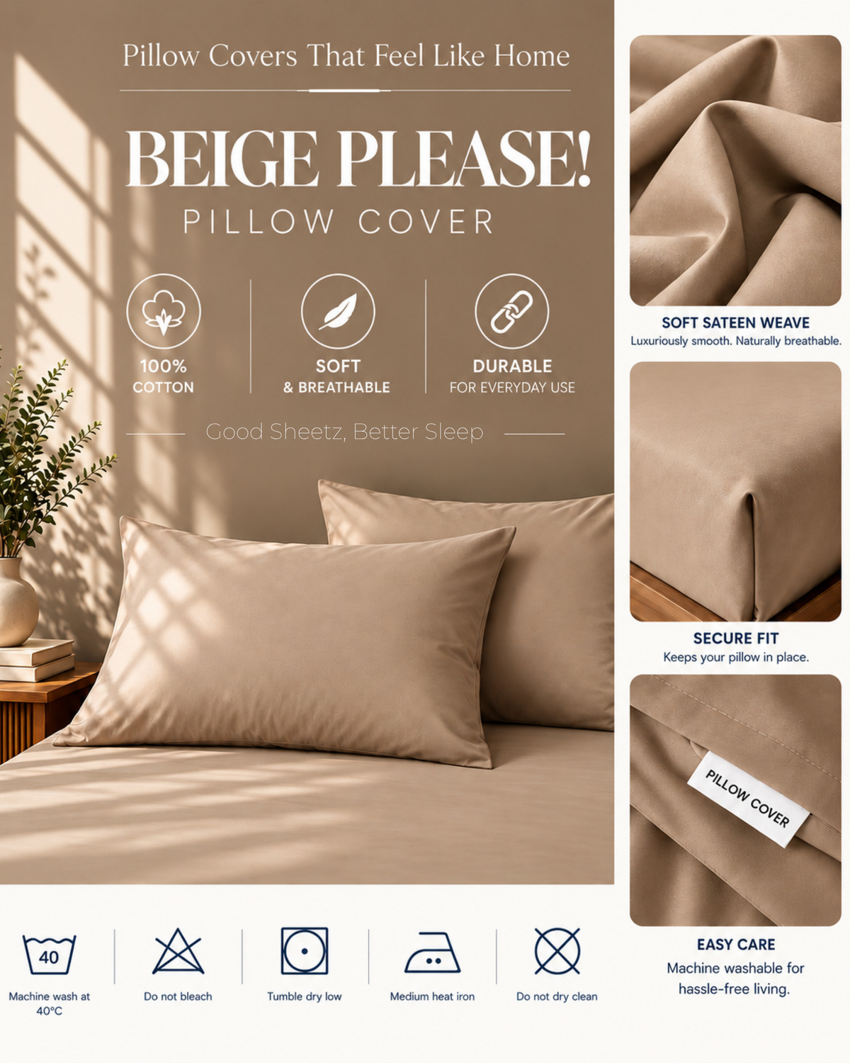 Pillow Cover - 400TC Cotton Sateen - Beige Please!