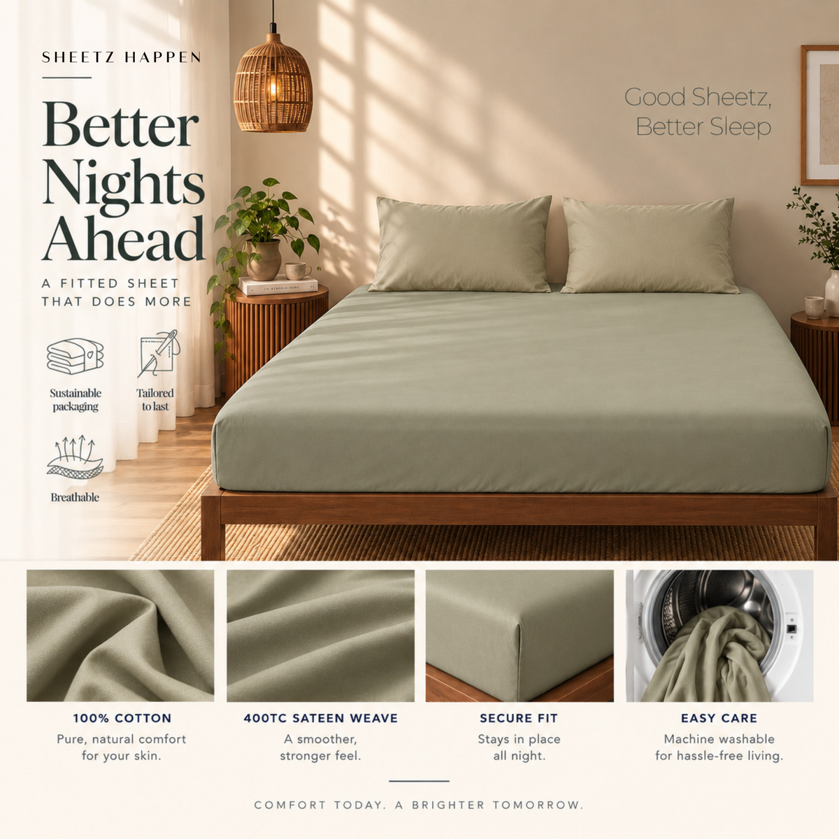 Fitted Sheet - 400TC Cotton Sateen - Peace of mint
