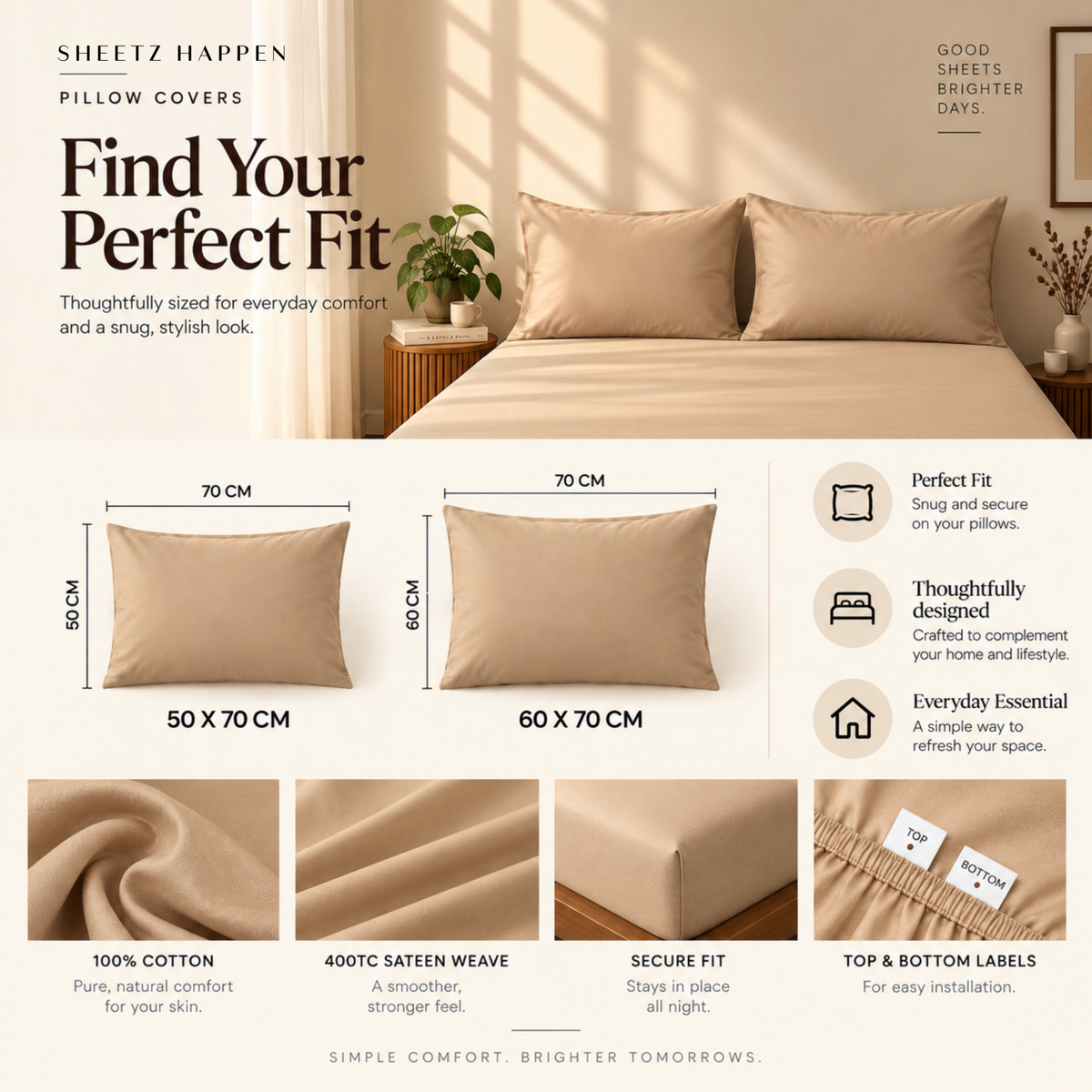 Pillow Cover - 400TC Cotton Sateen - Beige Please!
