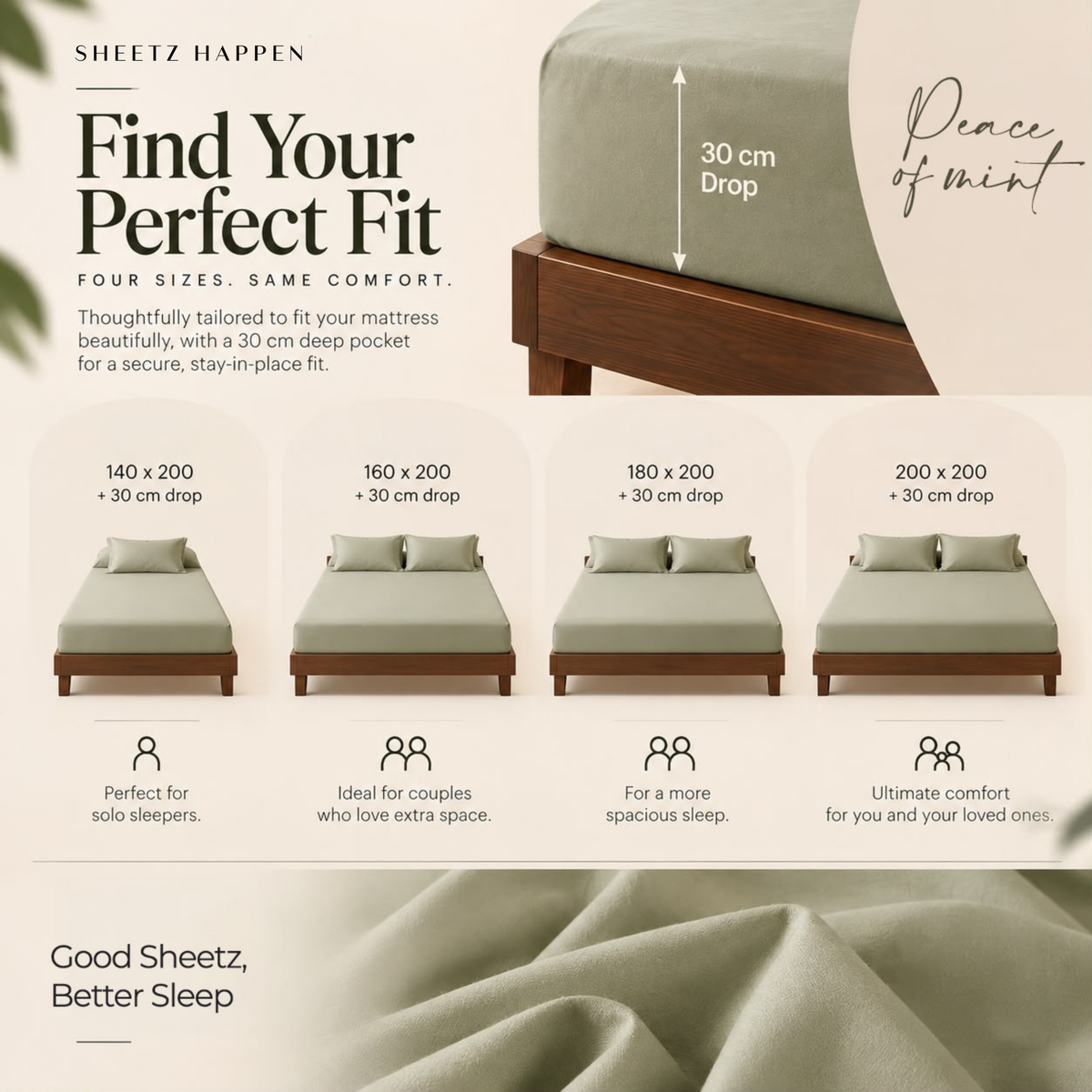 Fitted Sheet - 400TC Cotton Sateen - Peace of mint